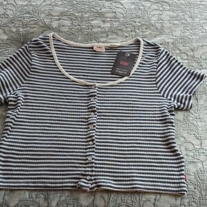 Levi's Blue And Green and White Ribbed Crop Tee With Buttons